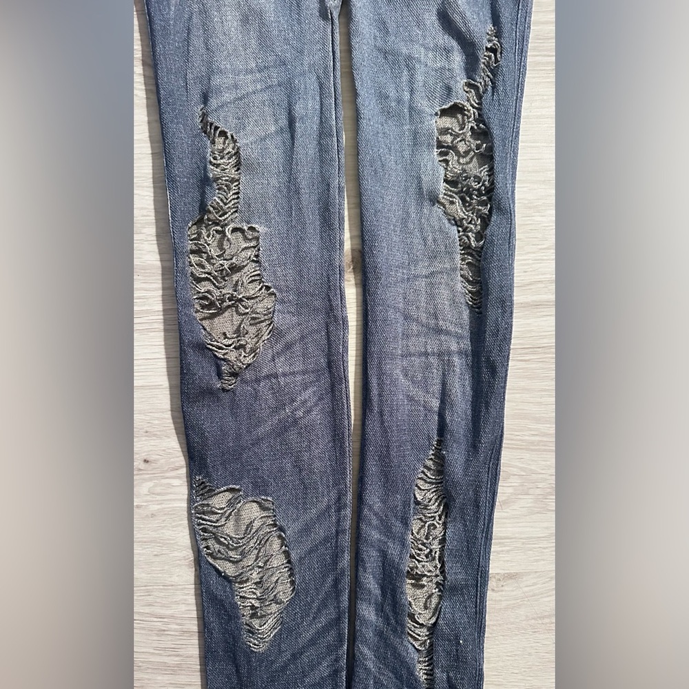 OPPA! Faux Denim Distressed Leggings Gray Plus Size 1X/2X - Picture 7 of 8